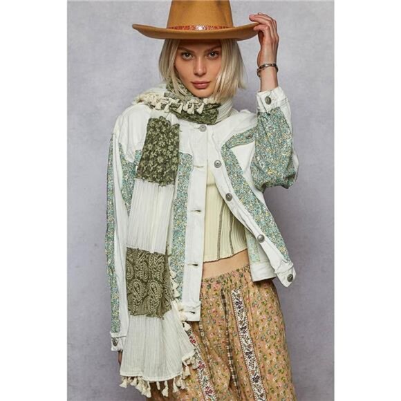 POL Button Down Patchwork Denim Jacket with Floral Print Details - Picture 2 of 8